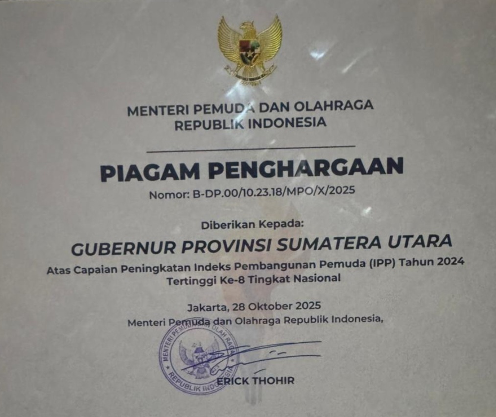 Sumatera Utara Raih Penghargaan Wirasena 2025, Bukti Komitmen Bobby Nasution Tingkatkan Indeks Pembangunan Pemuda