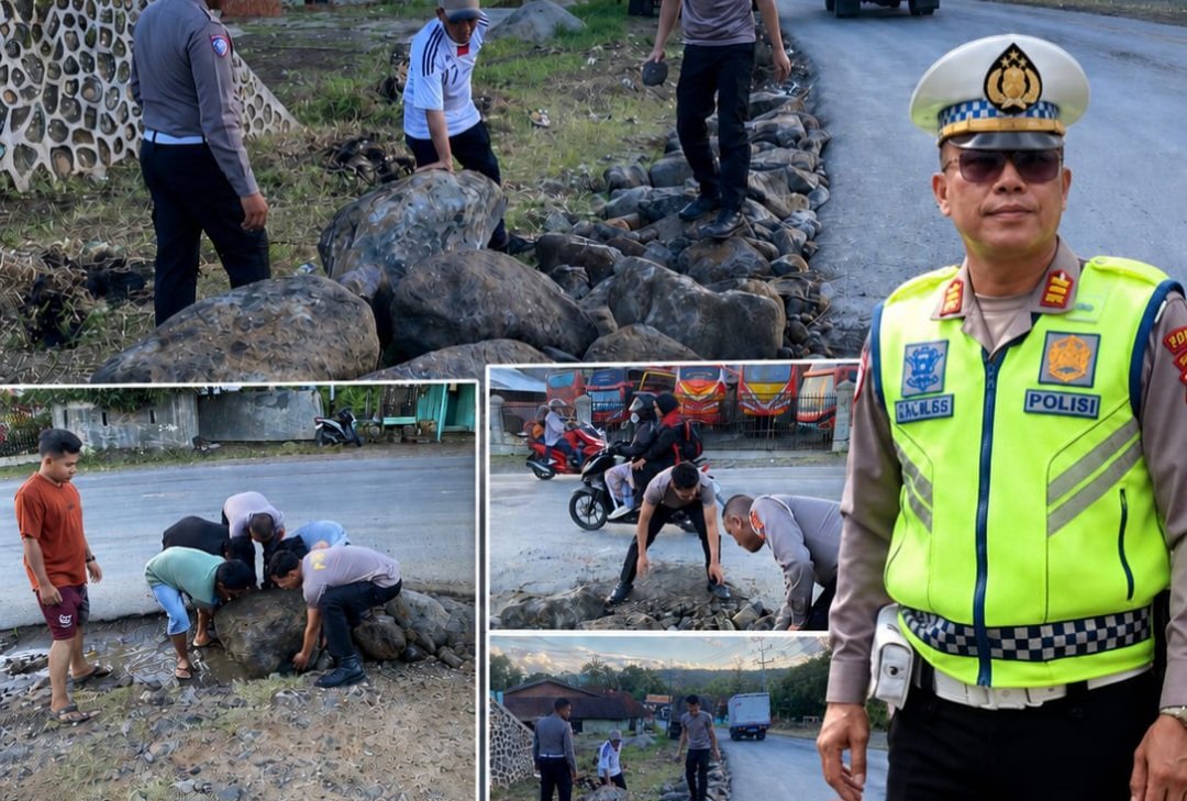 Satlantas Polres Padangsidimpuan dan Warga Timbun Bahu Jalan Berlubang, Cegah Kecelakaan dan Kemacetan